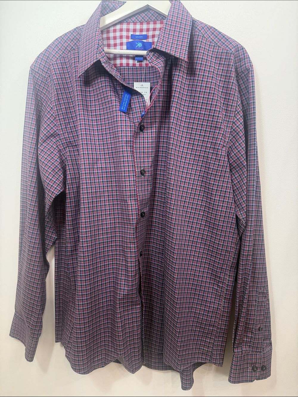 Egara Men’s plaid purple blue long sleeve button-down no iron shirt XL. NWT